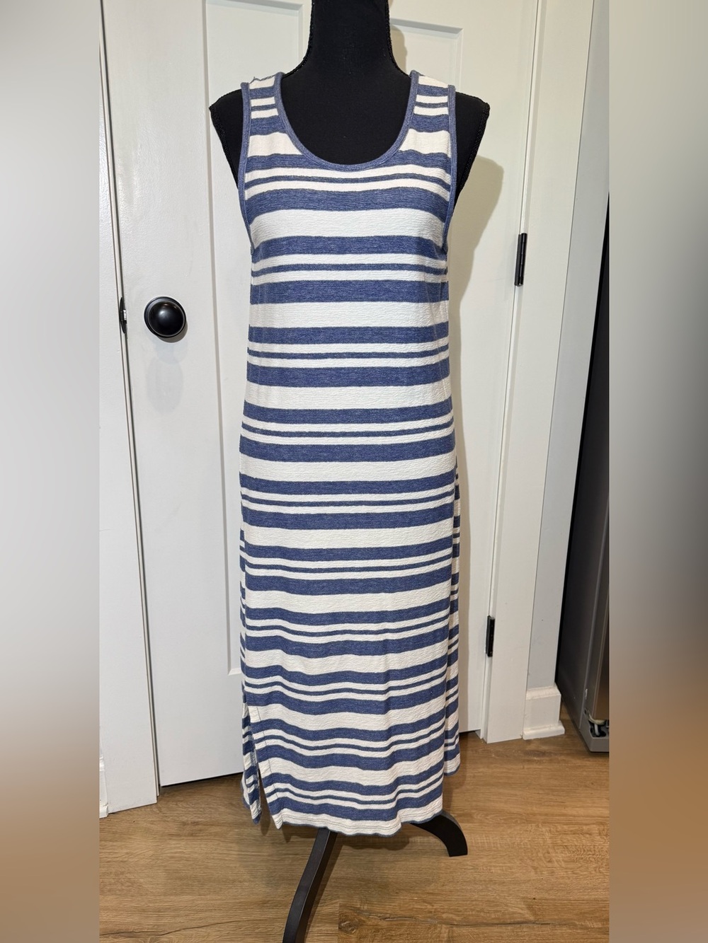 matty m size medium side-slit tank dress in blue & white striped pattern